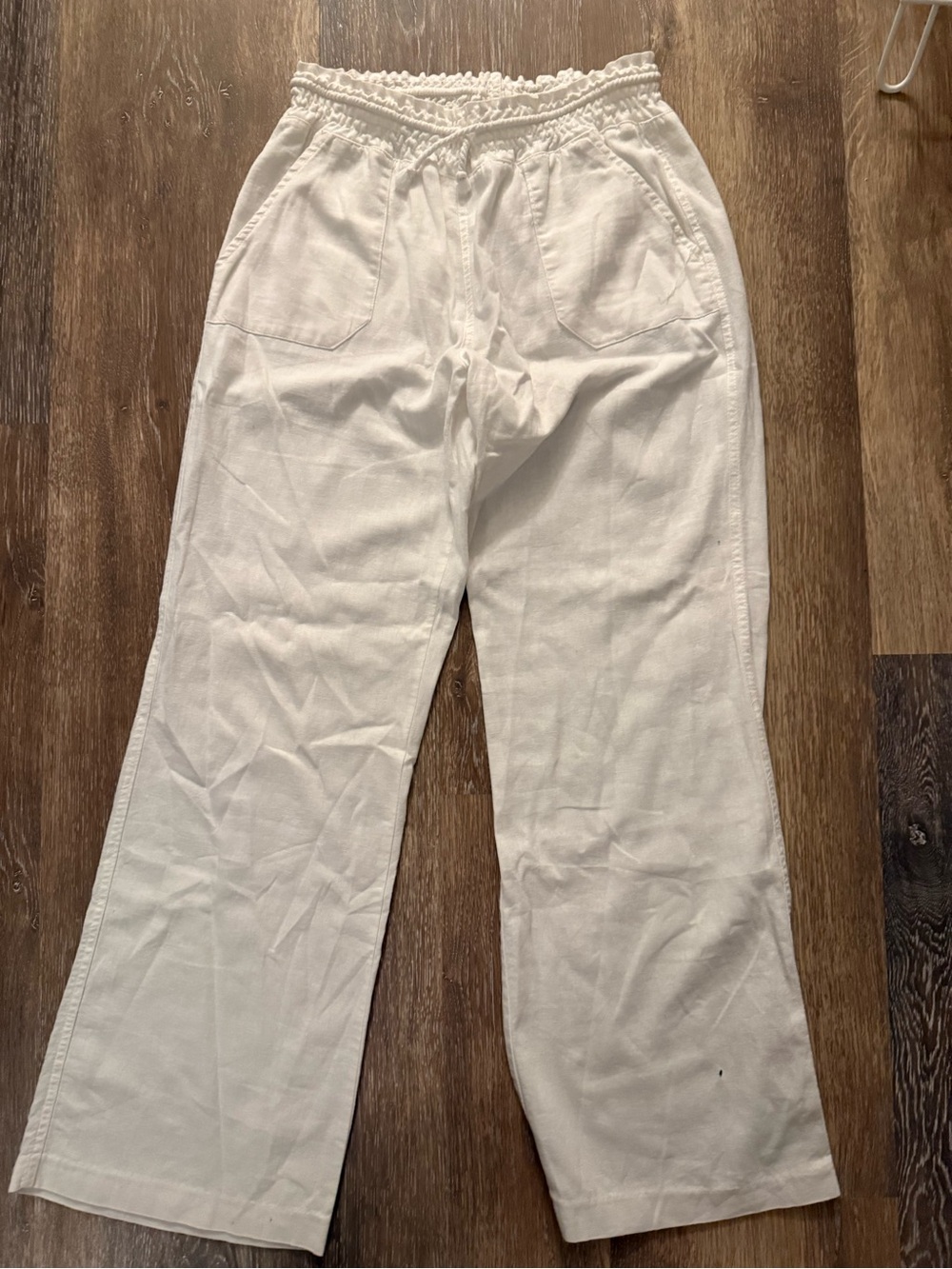 Women's White Elastic-Smocked Waist Pull-On linen pants